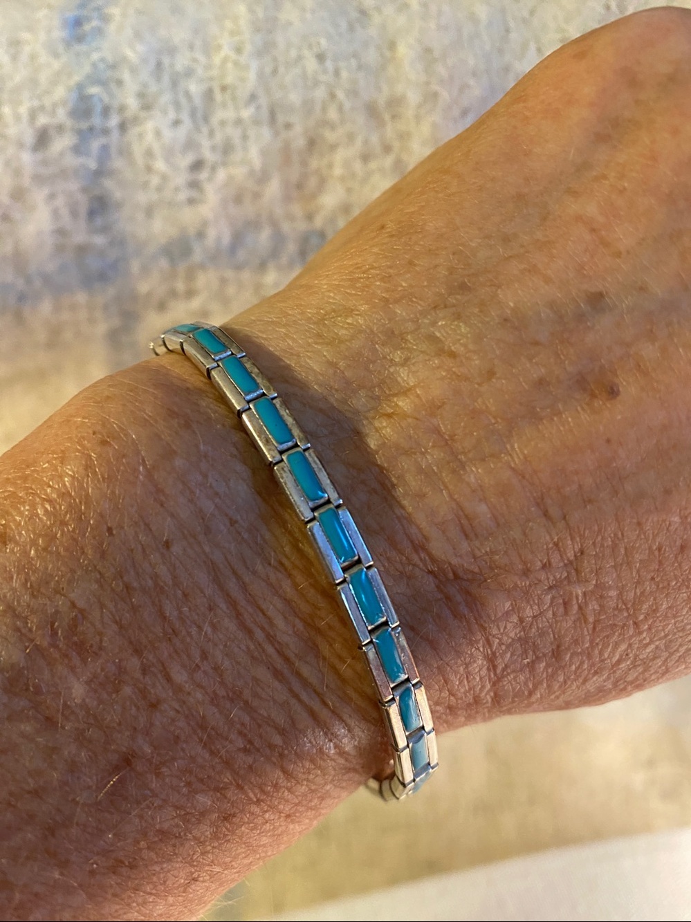 Vintage Turquoise Blue Enamel Stretch Bracelet Silver Tone Stackable Minimalist